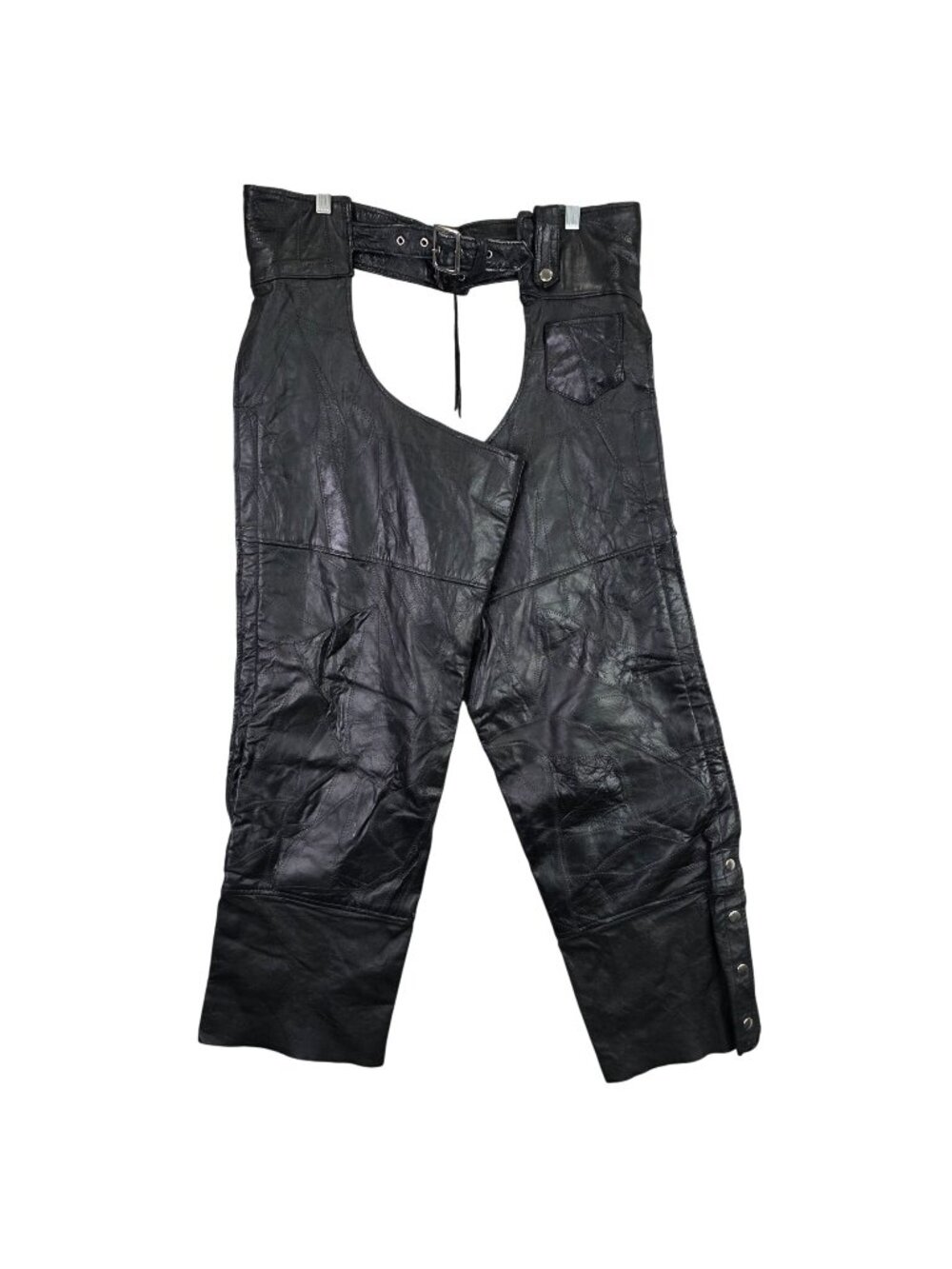 Mens Black Leather Patchwork Motorcycle Riding Chaps Adjustable Waist & Snap L